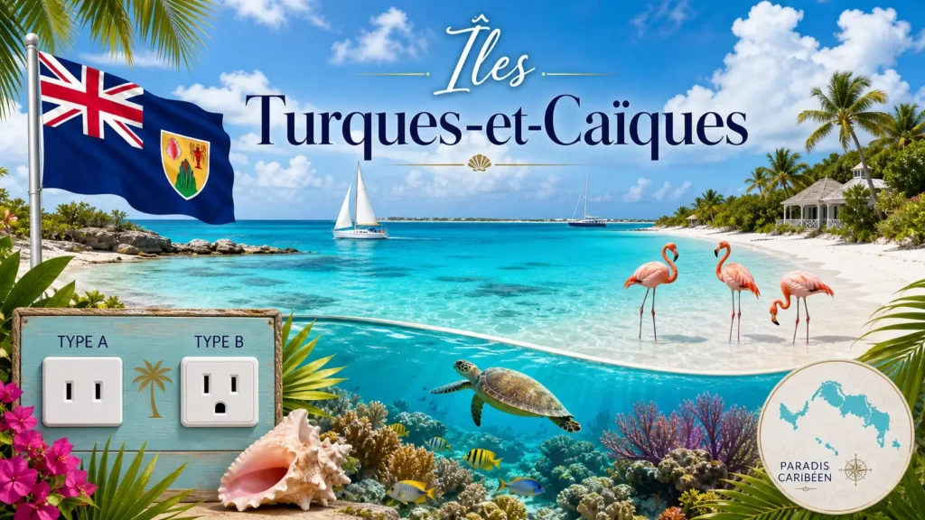 Illustration des Îles Turques-et-Caïques avec plages tropicales, flamants roses, drapeau du pays et prises électriques de type A et B
