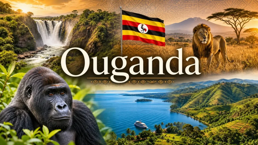 Image de couverture représentant l’Ouganda avec ses paysages, animaux emblématiques et son drapeau, illustrant les prises électriques et adaptateurs du pays.
