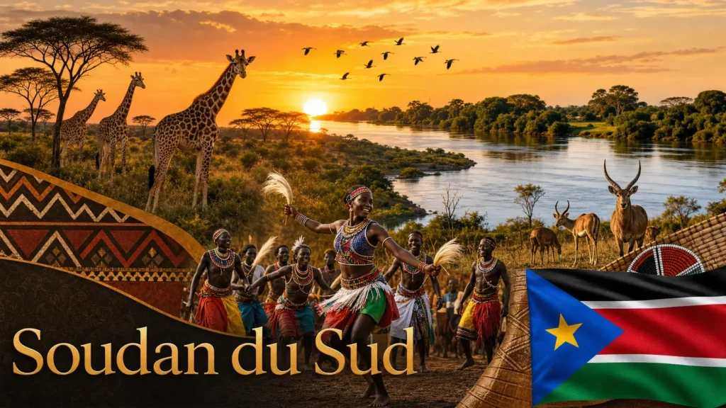 Illustration du Soudan du Sud avec drapeau, paysages de savane, faune africaine et monuments, image de couverture pour les prises électriques et adaptateurs
