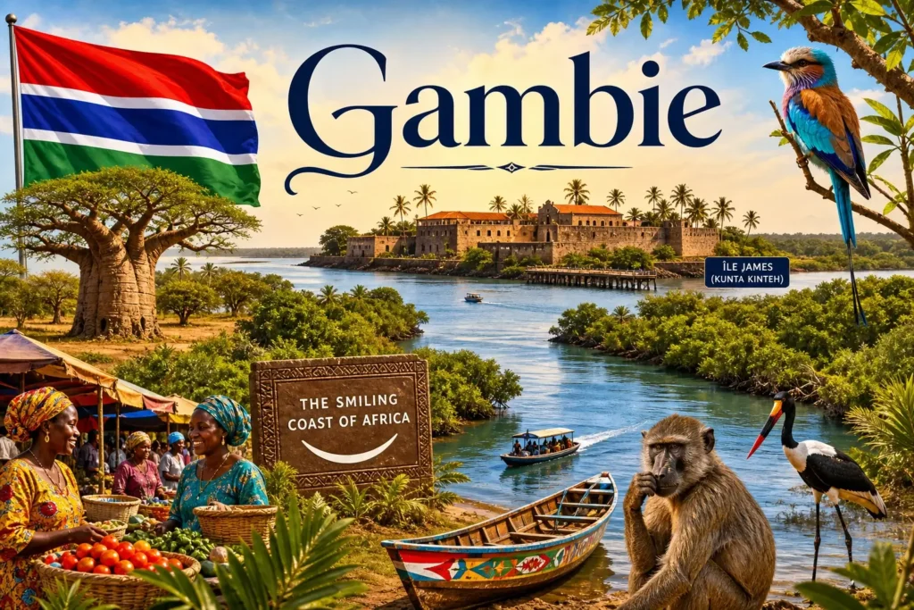 Illustration de la Gambie avec drapeau, fleuve Gambie, faune et paysage tropical pour un guide sur les prises électriques et adaptateurs