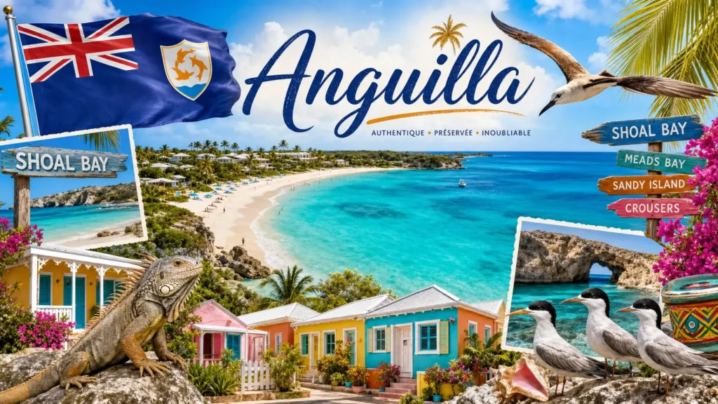 Illustration d’Anguilla avec plages tropicales, drapeau national et nom du pays dans un collage coloré
