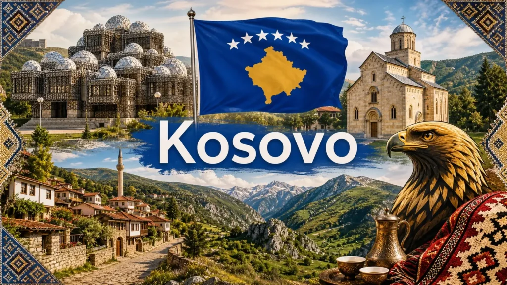 Illustration du Kosovo avec monuments emblématiques, paysages montagneux et drapeau, avec le nom du pays intégré dans l’image
