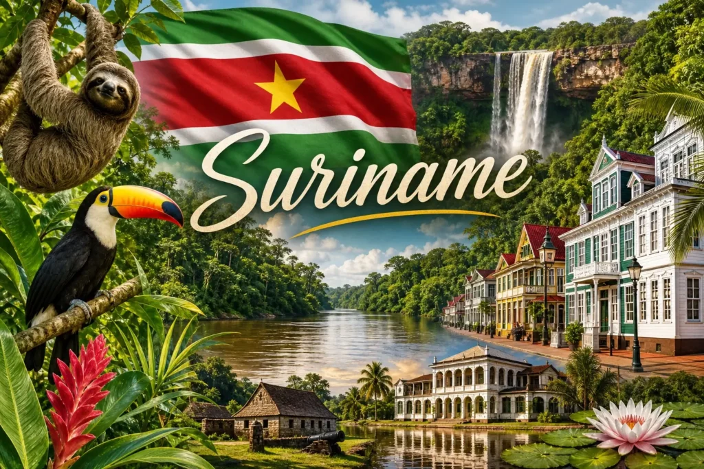 Illustration du Suriname avec forêt tropicale, animaux exotiques, architecture de Paramaribo et drapeau national en arrière-plan
