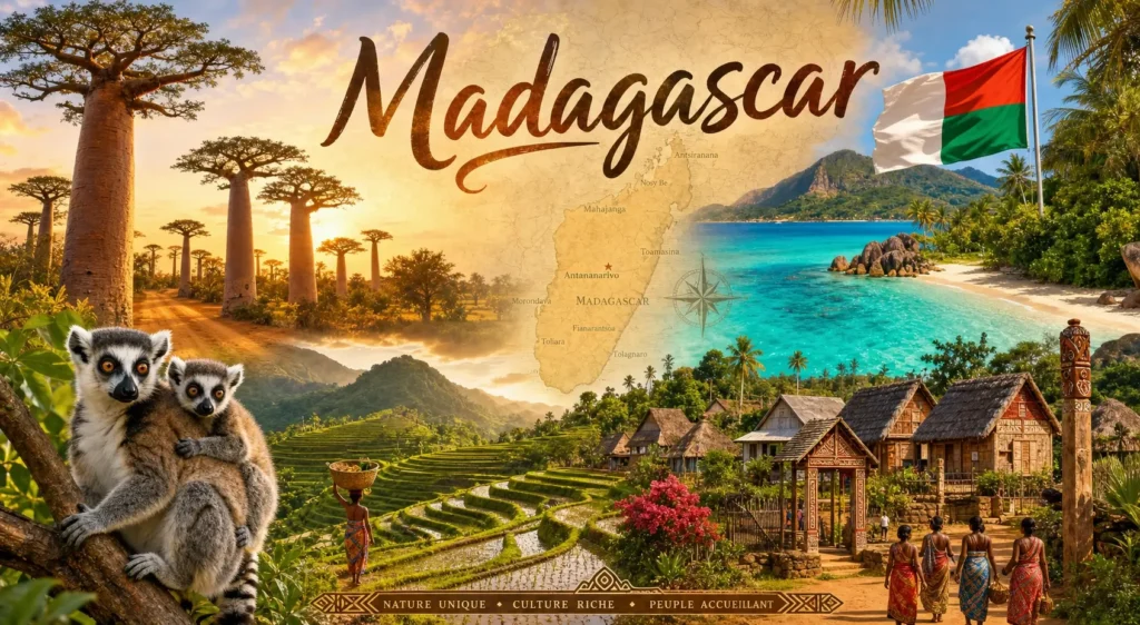 Illustration de Madagascar avec baobabs, lémuriens, plages tropicales et drapeau malgache en bannière paysage
