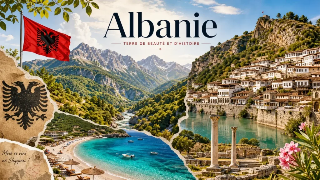 Illustration de l’Albanie avec monuments, paysages emblématiques et drapeau albanais, image de couverture sur les prises électriques en Albanie
