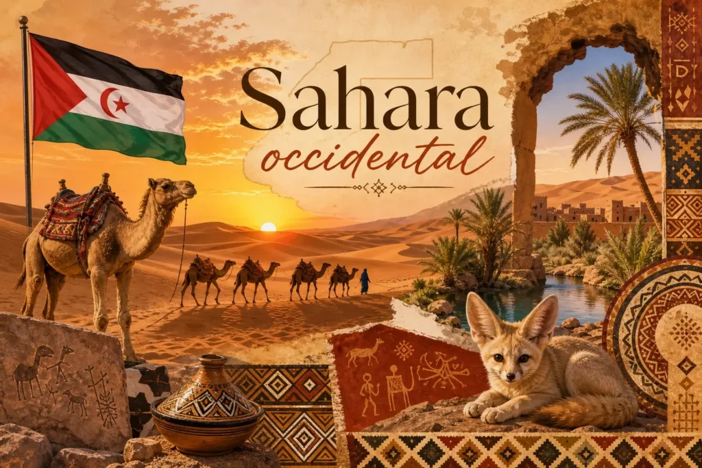 Illustration du Sahara occidental avec dunes du désert, dromadaires, drapeau sahraoui et nom du pays en format paysage

