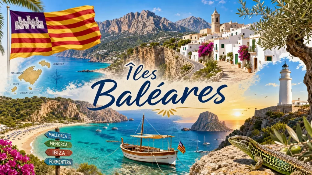 Illustration des Îles Baléares avec plages, falaises, village méditerranéen et drapeau local, utilisée comme image de couverture pour les prises électriques et adaptateurs
