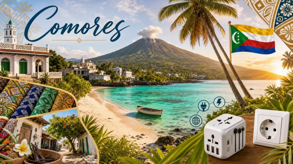 Illustration des Comores avec plages tropicales, volcan Karthala, lémuriens et drapeau comorien, représentant les prises et adaptateurs électriques du pays
