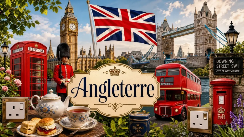 Illustration de l’Angleterre avec monuments emblématiques, drapeau britannique et prises électriques type G