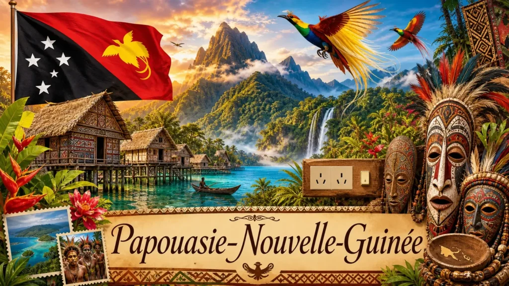 Illustration de la Papouasie-Nouvelle-Guinée avec drapeau, paysages tropicaux, oiseaux de paradis et prises électriques de type I
