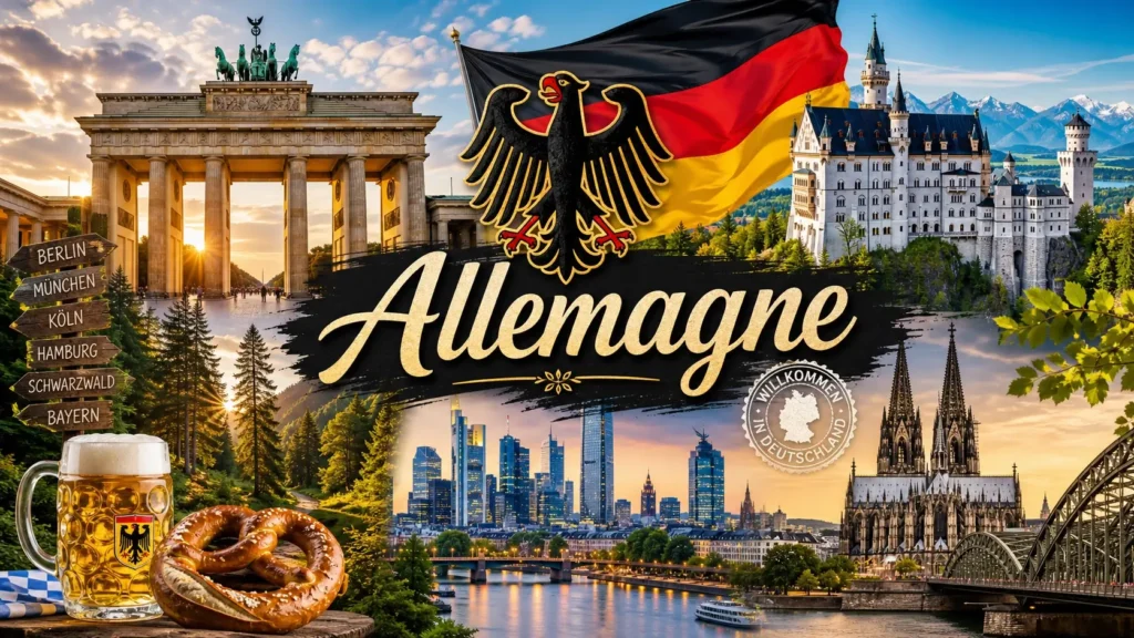 Illustration de l’Allemagne avec monuments emblématiques, drapeau allemand et texte Allemagne, pour une page sur les prises électriques et adaptateurs
