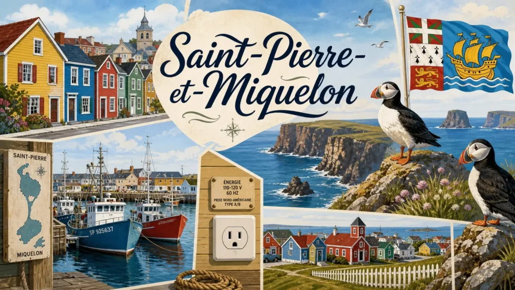 Illustration de Saint-Pierre-et-Miquelon avec port, maisons colorées, macareux et drapeau, représentant les prises électriques utilisées sur l’archipel
