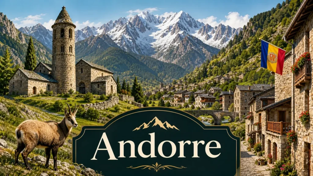 Illustration de l’Andorre avec montagnes des Pyrénées, village typique, drapeau andorran et nom du pays