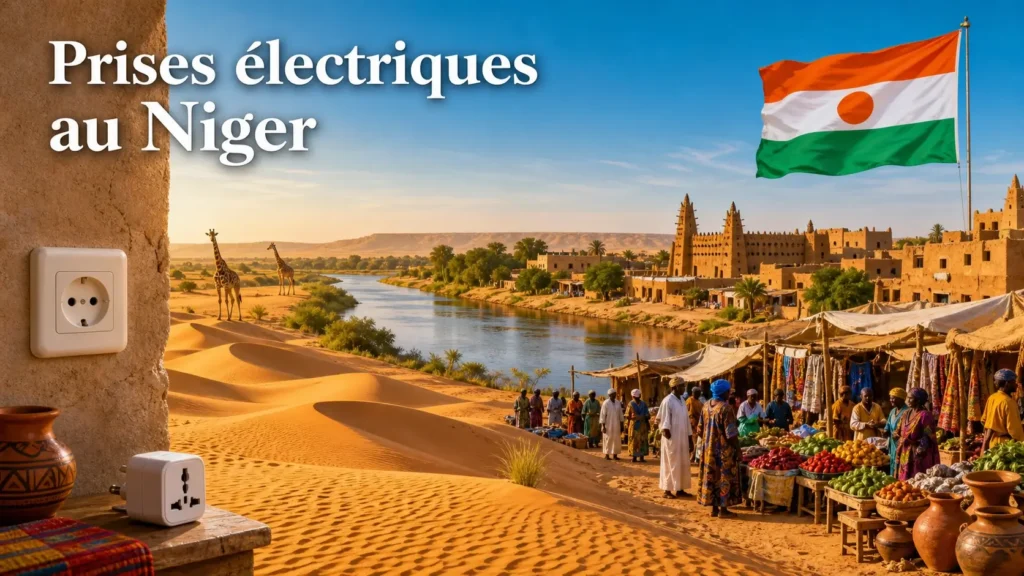 Illustration du Niger avec dunes du Sahara, girafes, village traditionnel, drapeau nigérien et mention des prises électriques et adaptateurs de voyage