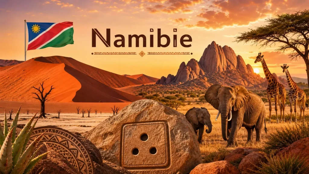 Illustration de la Namibie avec dunes du désert, animaux sauvages, drapeau namibien et indication des prises électriques utilisées dans le pays