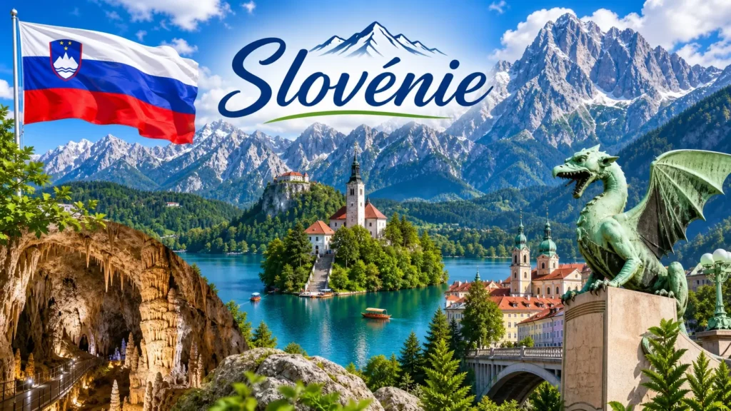 Illustration de la Slovénie avec le lac de Bled, les montagnes alpines, le drapeau slovène et le nom du pays intégré dans un patchwork visuel