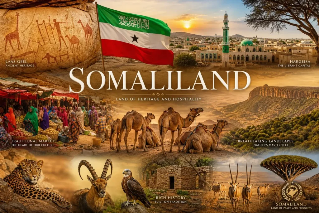 Illustration du Somaliland avec monuments, chameaux, drapeau et nom du pays en format paysage

