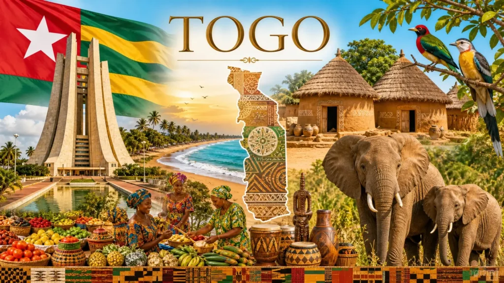 Illustration du Togo avec monuments, paysages tropicaux, animaux locaux et drapeau togolais, avec le nom du pays affiché
