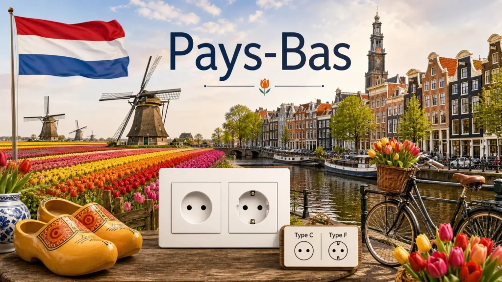 Illustration des Pays-Bas avec moulins, tulipes, canaux et drapeau néerlandais, incluant des prises électriques européennes de type C et F