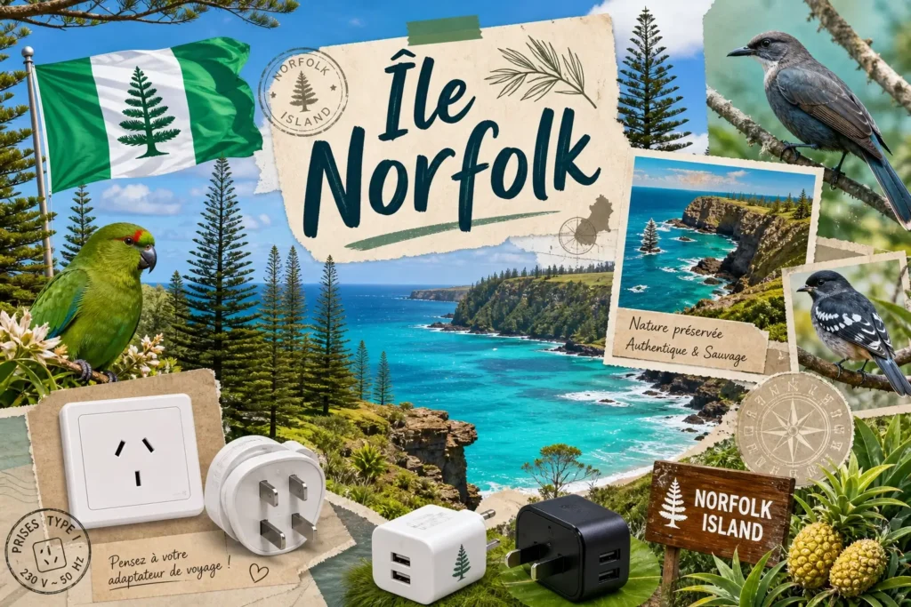 Illustration de l’île Norfolk avec paysage côtier, pins de Norfolk, drapeau local et éléments de prises électriques, avec le texte "Île Norfolk"
