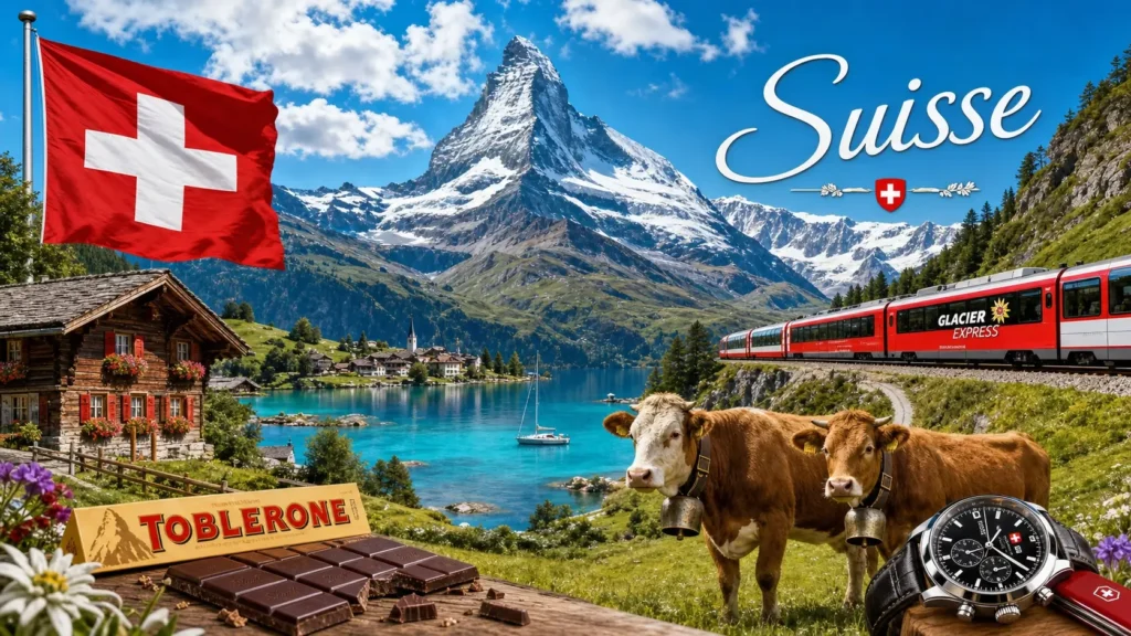 Illustration de la Suisse avec montagnes alpines, chalets, train rouge et drapeau suisse, représentant les prises électriques en Suisse