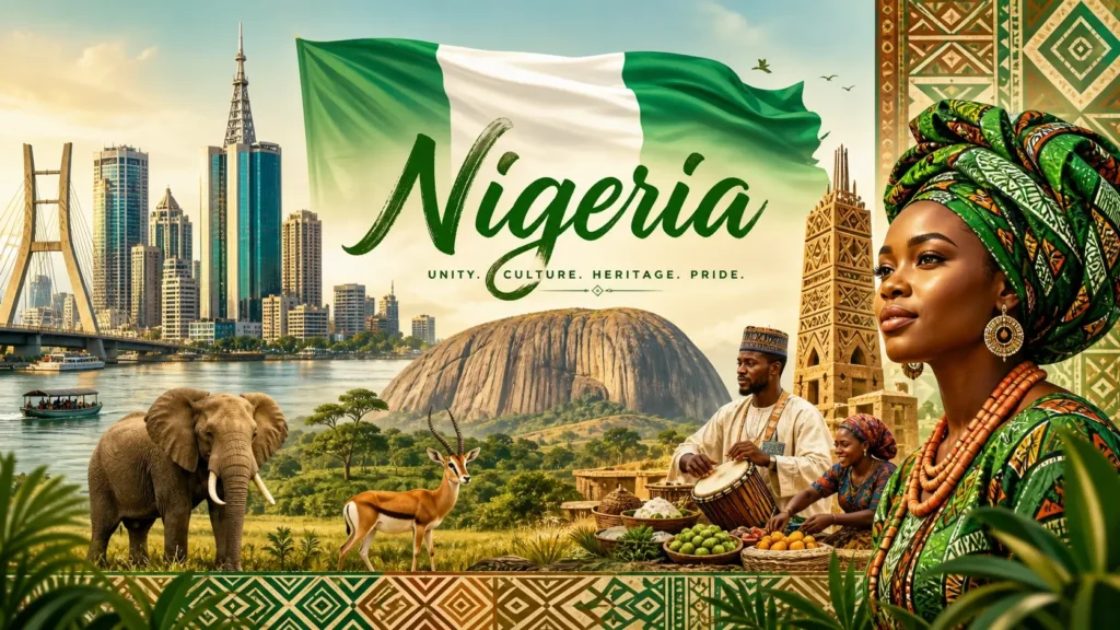 Illustration du Nigeria avec monuments emblématiques, animaux africains, drapeau nigérian et texte Nigeria, image de couverture sur les prises électriques
