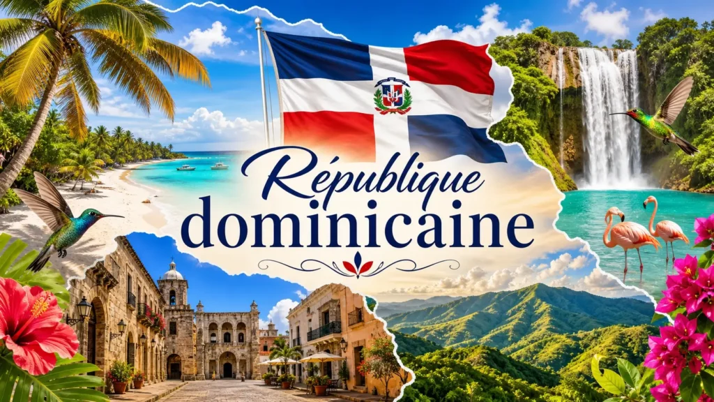Illustration de la République dominicaine avec plages tropicales, monuments coloniaux, animaux exotiques et drapeau dominicain, avec le nom du pays intégré
