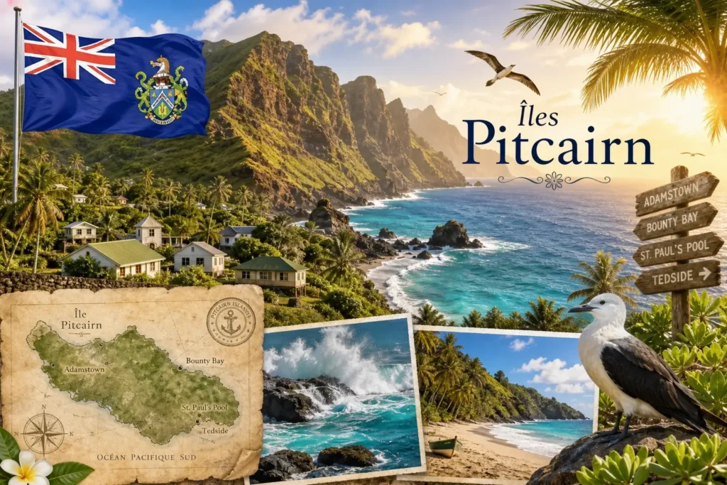 Illustration des îles Pitcairn avec falaises, océan, village isolé et drapeau, pour un guide des prises électriques et adaptateurs
