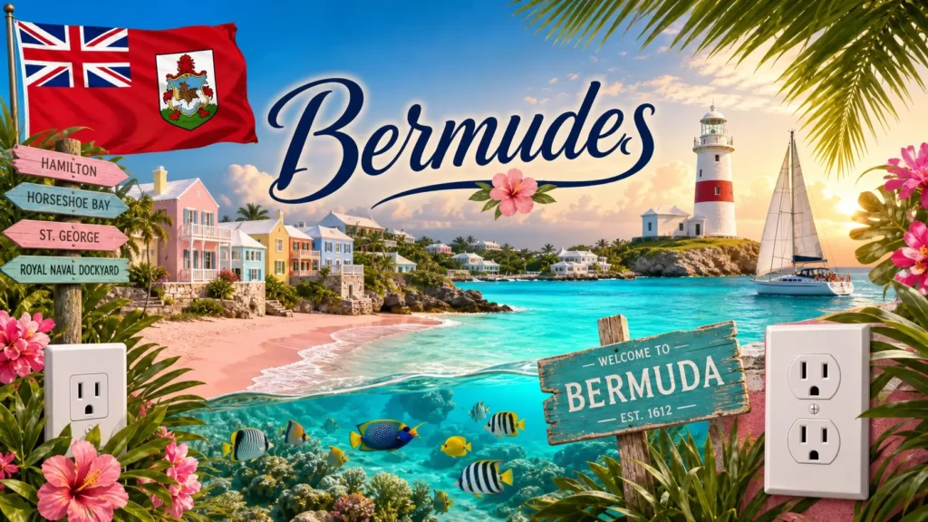 Illustration des Bermudes avec plages roses, maisons colorées, drapeau des Bermudes et prises électriques de type A et B
