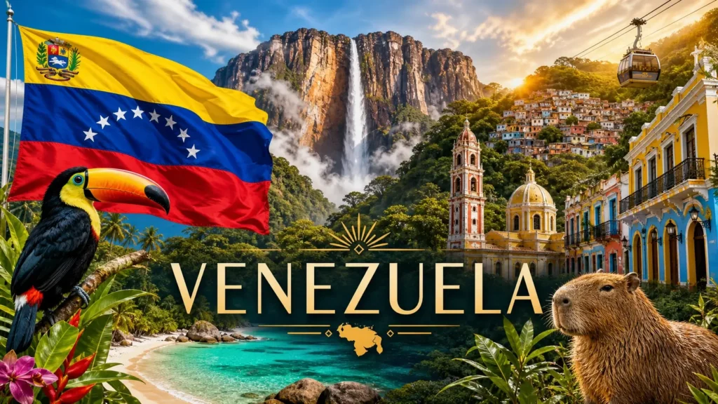 Illustration du Venezuela avec monuments naturels, animaux tropicaux, drapeau et nom du pays en format paysage
