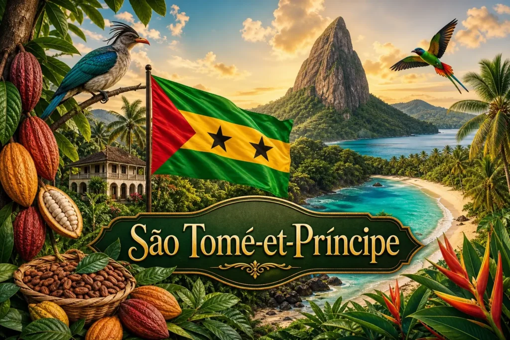 Illustration de São Tomé-et-Príncipe avec paysages tropicaux, Pico Cão Grande, drapeau national et nom du pays en format paysage
