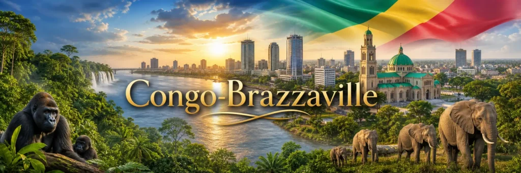 Illustration du Congo-Brazzaville avec monuments, faune africaine, fleuve Congo et drapeau national en bannière paysage

