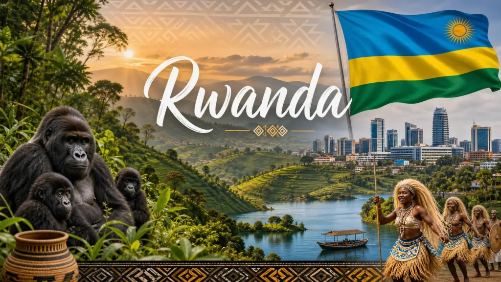 Illustration du Rwanda avec gorilles, collines verdoyantes, lac Kivu, skyline de Kigali et drapeau rwandais, avec le nom du pays affiché
