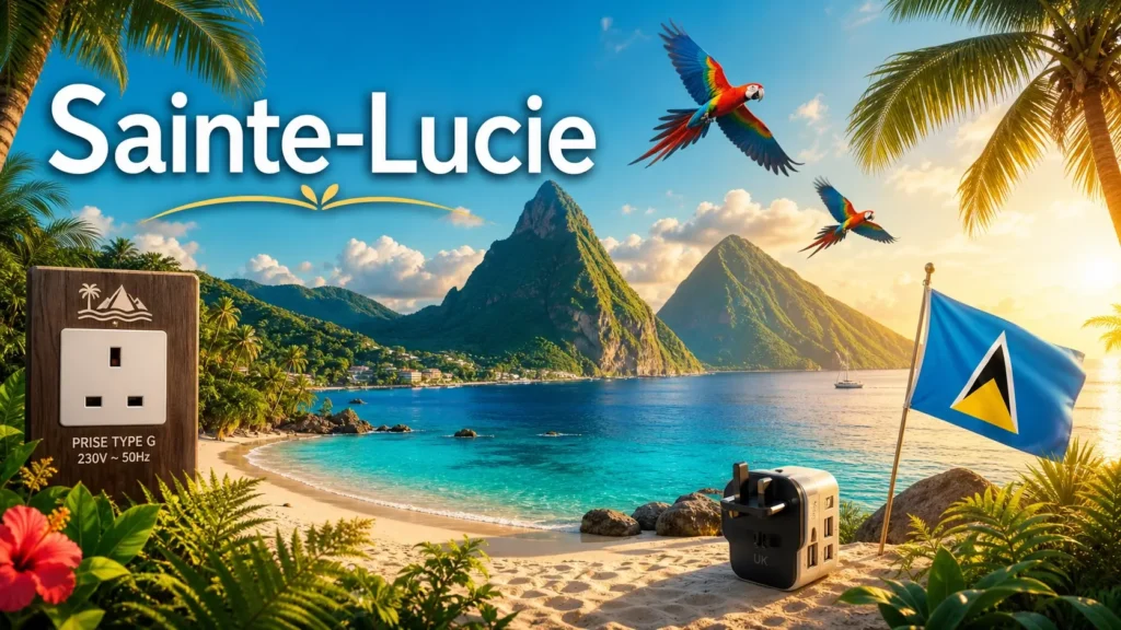 Illustration de Sainte-Lucie avec les Pitons, paysages tropicaux, drapeau et indication des prises électriques et adaptateurs
