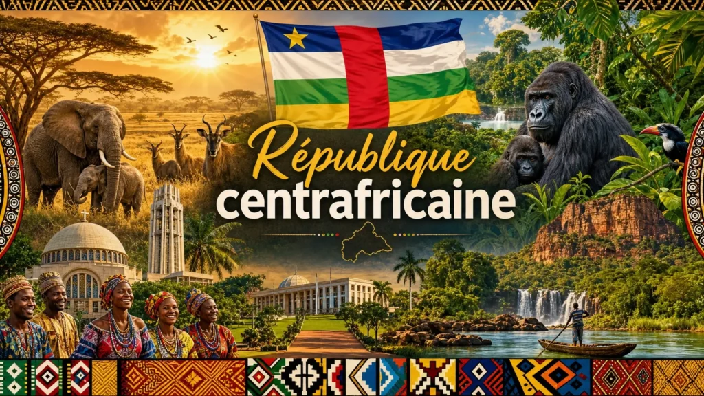 Illustration de la République centrafricaine avec paysages, animaux, drapeau et nom du pays en format paysage
