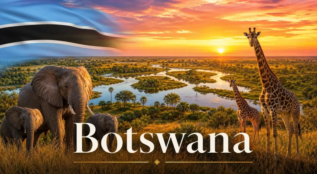 Illustration du Botswana avec paysages de savane, animaux sauvages, drapeau national et nom du pays, représentant les prises électriques et adaptateurs utilisés au Botswana

