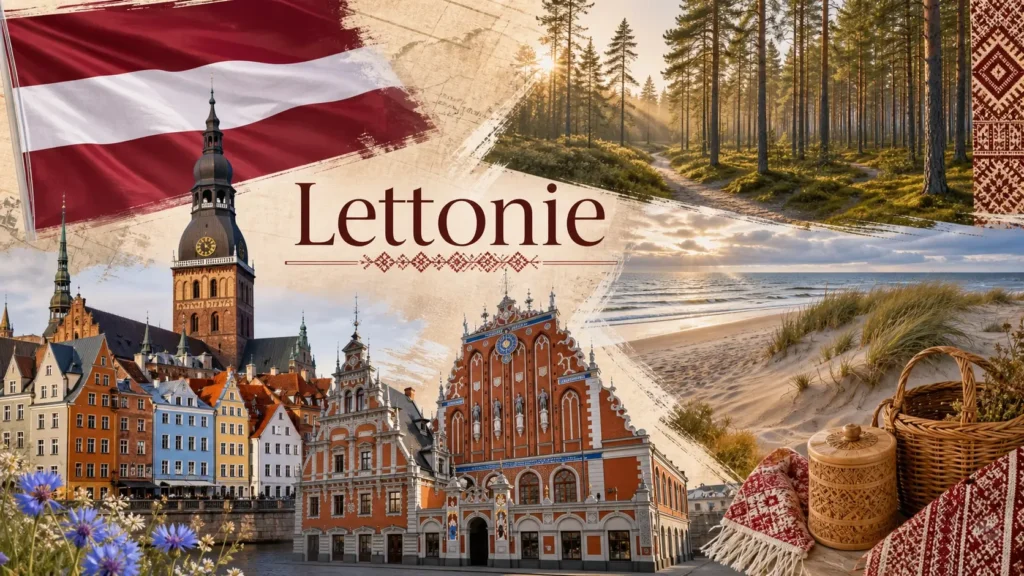 Illustration de la Lettonie avec monuments de Riga, nature baltique et drapeau letton, représentant les prises électriques et adaptateurs utilisés dans le pays
