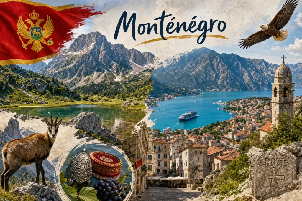 Illustration du Monténégro avec la baie de Kotor, montagnes, monuments emblématiques et drapeau monténégrin, avec le texte Monténégro
