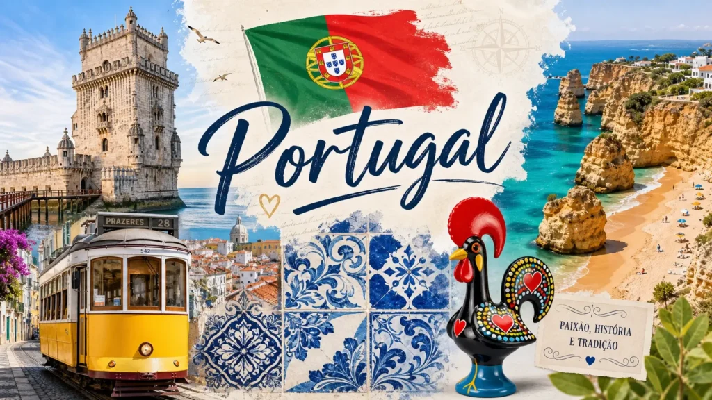 Illustration du Portugal avec monuments emblématiques, drapeau portugais et texte Portugal, image de couverture sur les prises électriques