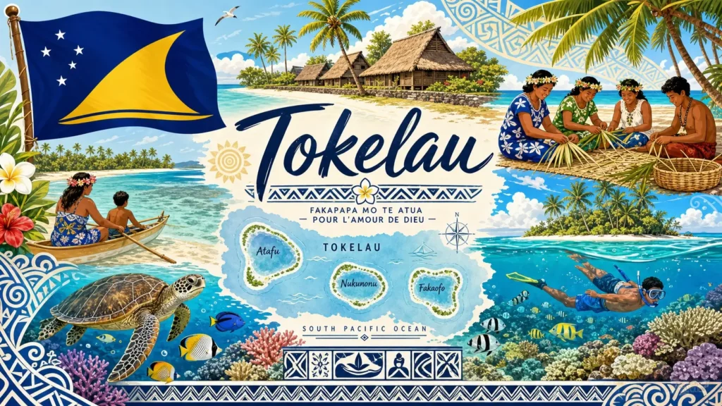 Illustration de Tokelau avec plages tropicales, lagon, cocotiers et drapeau, représentant les prises électriques et adaptateurs du pays
