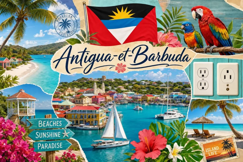 Illustration d’Antigua-et-Barbuda avec plages tropicales, monuments, drapeau et prises électriques type A et B