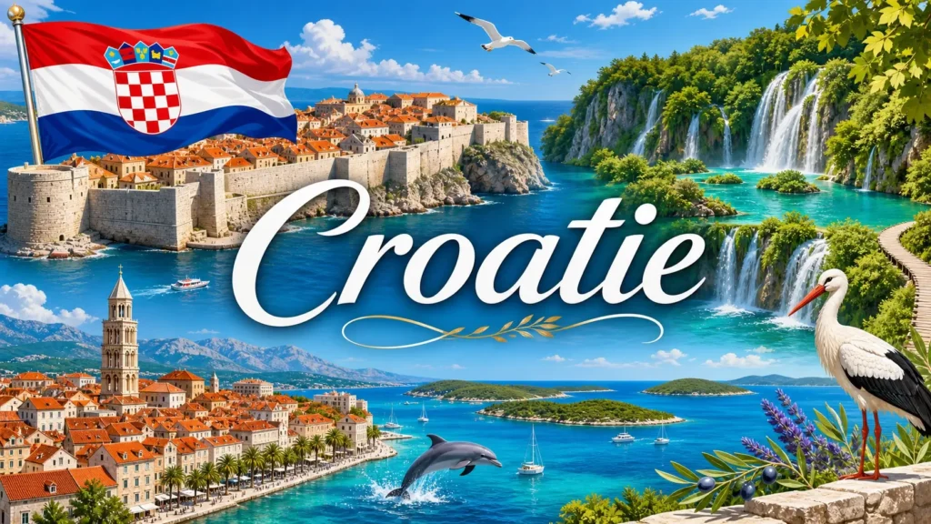 Illustration de la Croatie avec monuments emblématiques, mer Adriatique et drapeau croate en image de couverture
