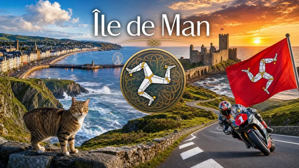 Illustration de l’Île de Man avec ses monuments emblématiques, son drapeau rouge au triskelion et des paysages côtiers en format paysage