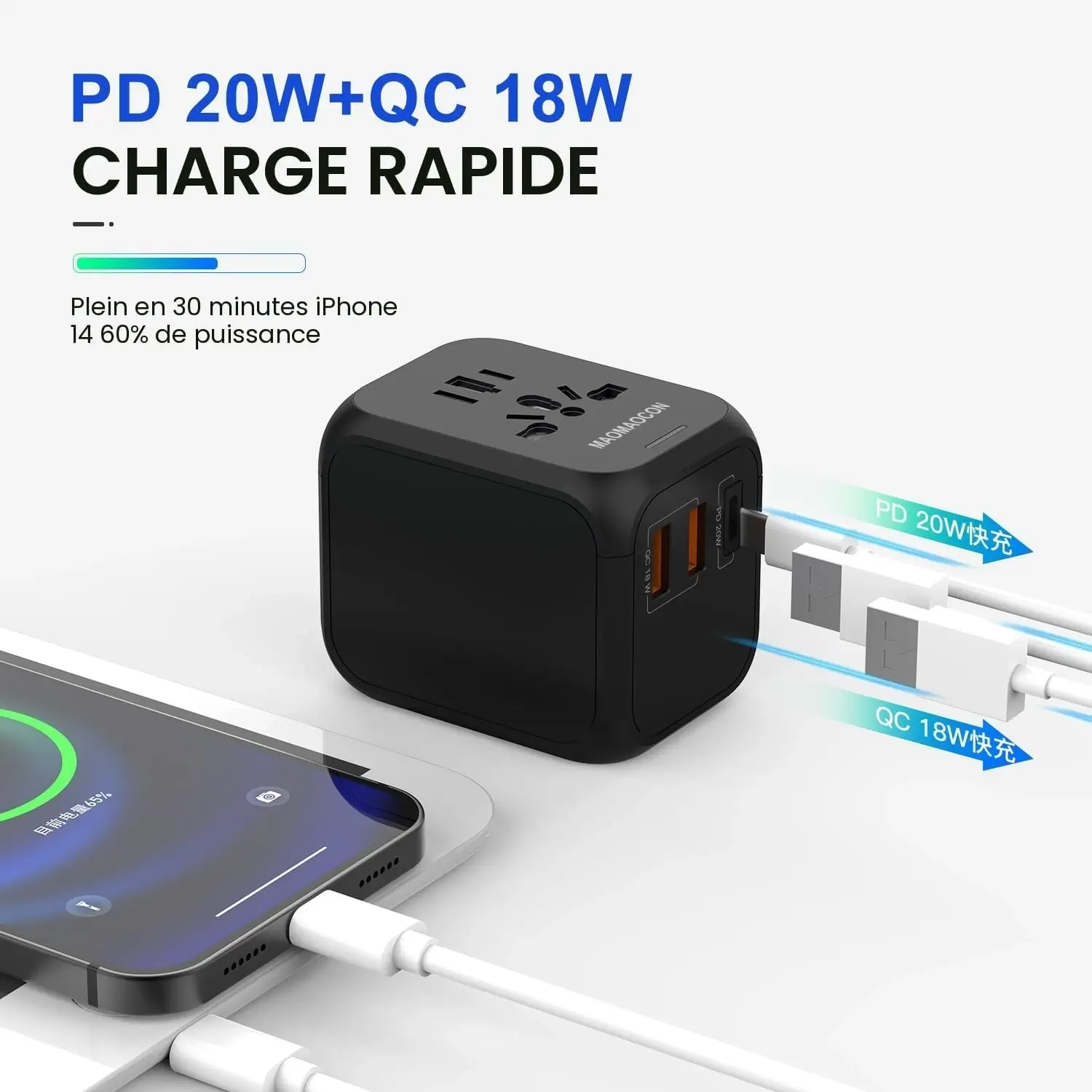 Adaptateur de Voyage Universel Maomaocon - Charge rapide