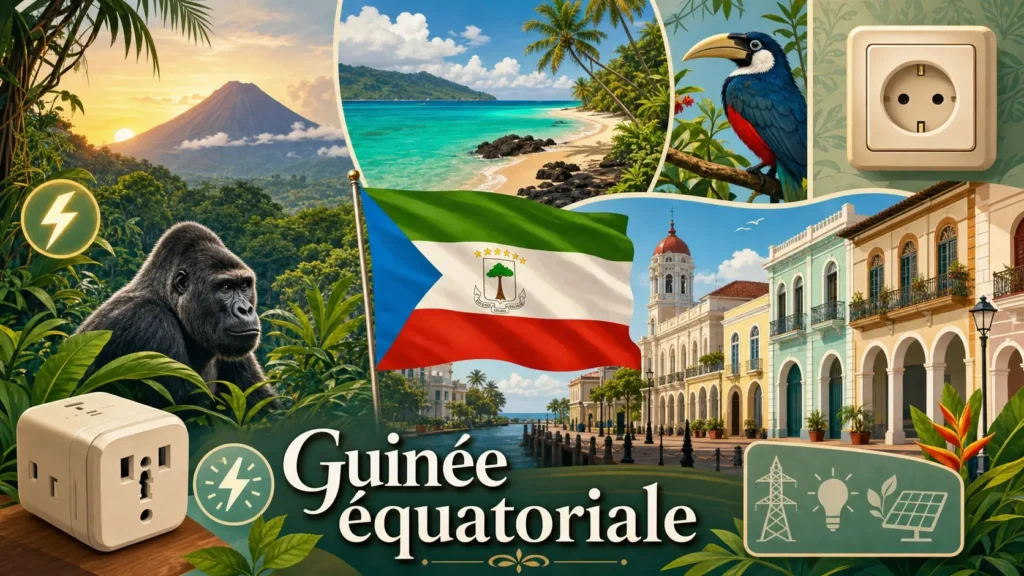 Illustration de la Guinée équatoriale avec monuments, jungle, faune, drapeau et éléments de prises électriques en format paysage
