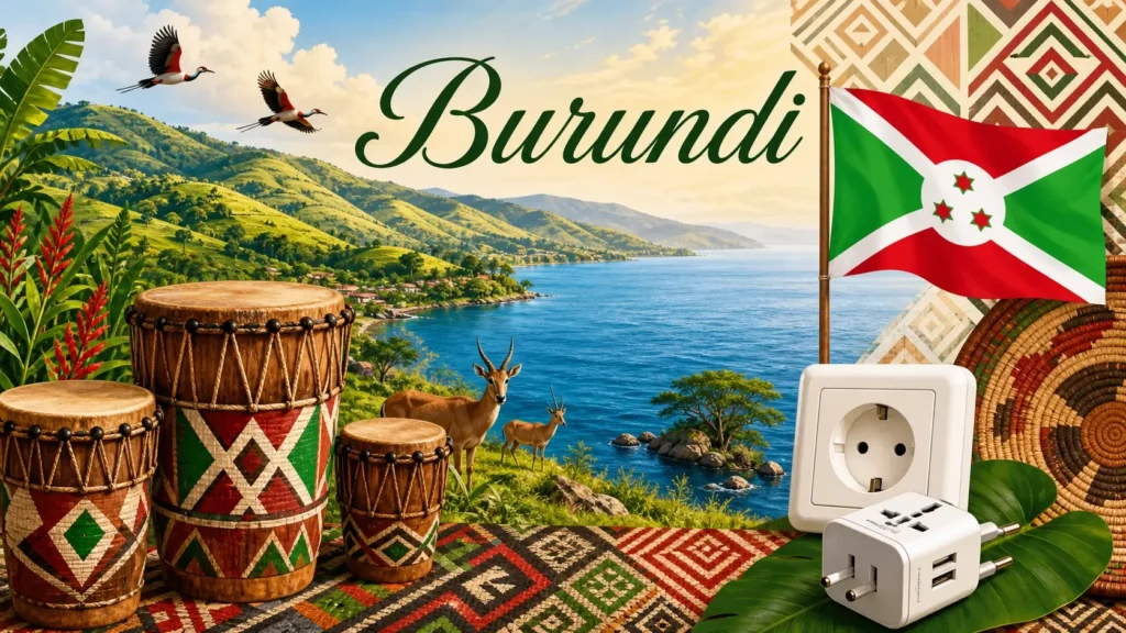 Illustration du Burundi avec drapeau, paysages, tambours traditionnels et prises électriques pour guide d’adaptateur
