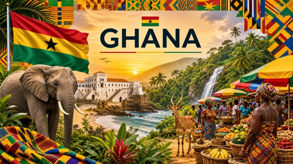 Illustration du Ghana avec monuments, motifs traditionnels et drapeau, représentant les prises électriques et adaptateurs au Ghana
