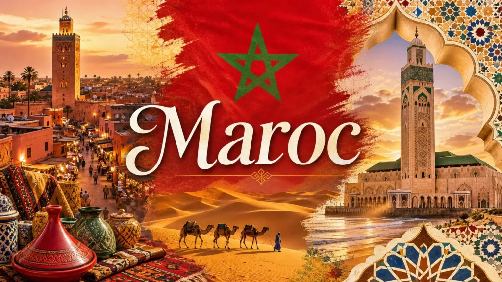 Illustration du Maroc avec monuments emblématiques, désert et drapeau marocain pour une page sur les prises électriques au Maroc

