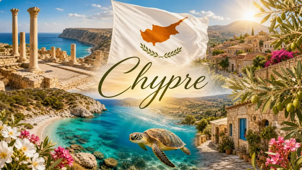 Illustration de Chypre avec monuments, paysages méditerranéens et drapeau chypriote, pour guide des prises électriques et adaptateurs