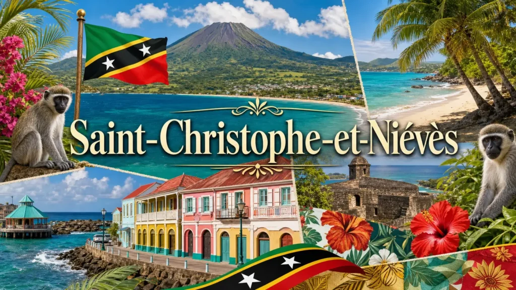 Illustration de Saint-Christophe-et-Niévès avec drapeau, paysage tropical, volcan et éléments emblématiques du pays
